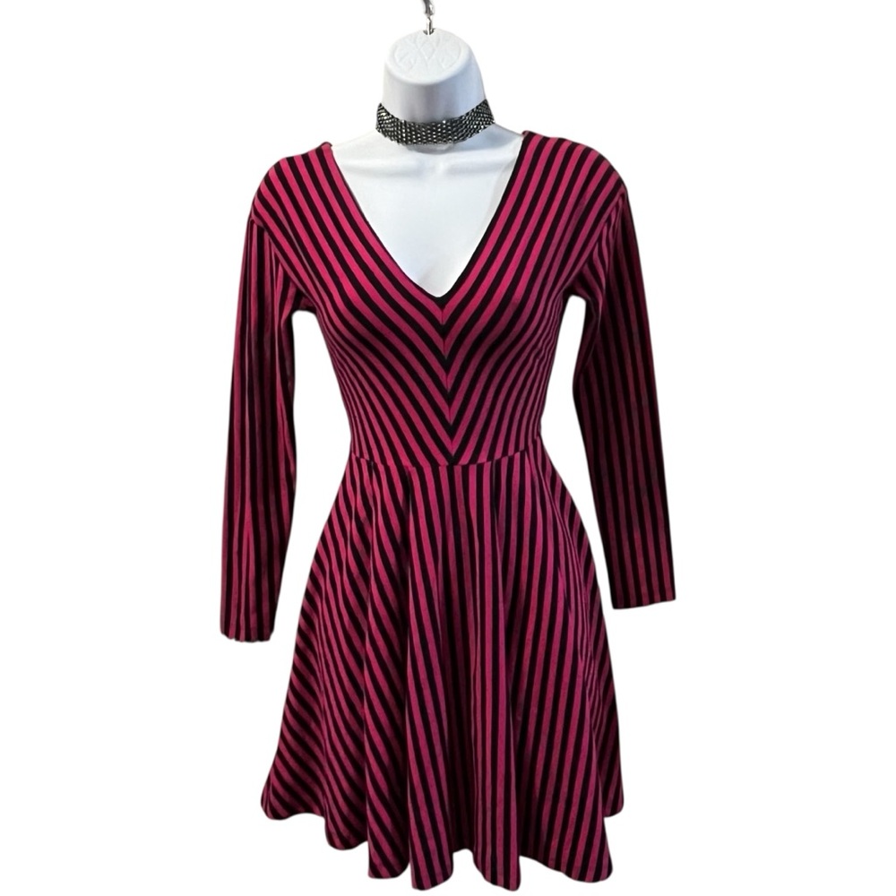 Vintage Betsey Johnson Pink Black Striped Long Sleeve V-Neck Dress Small Y2K